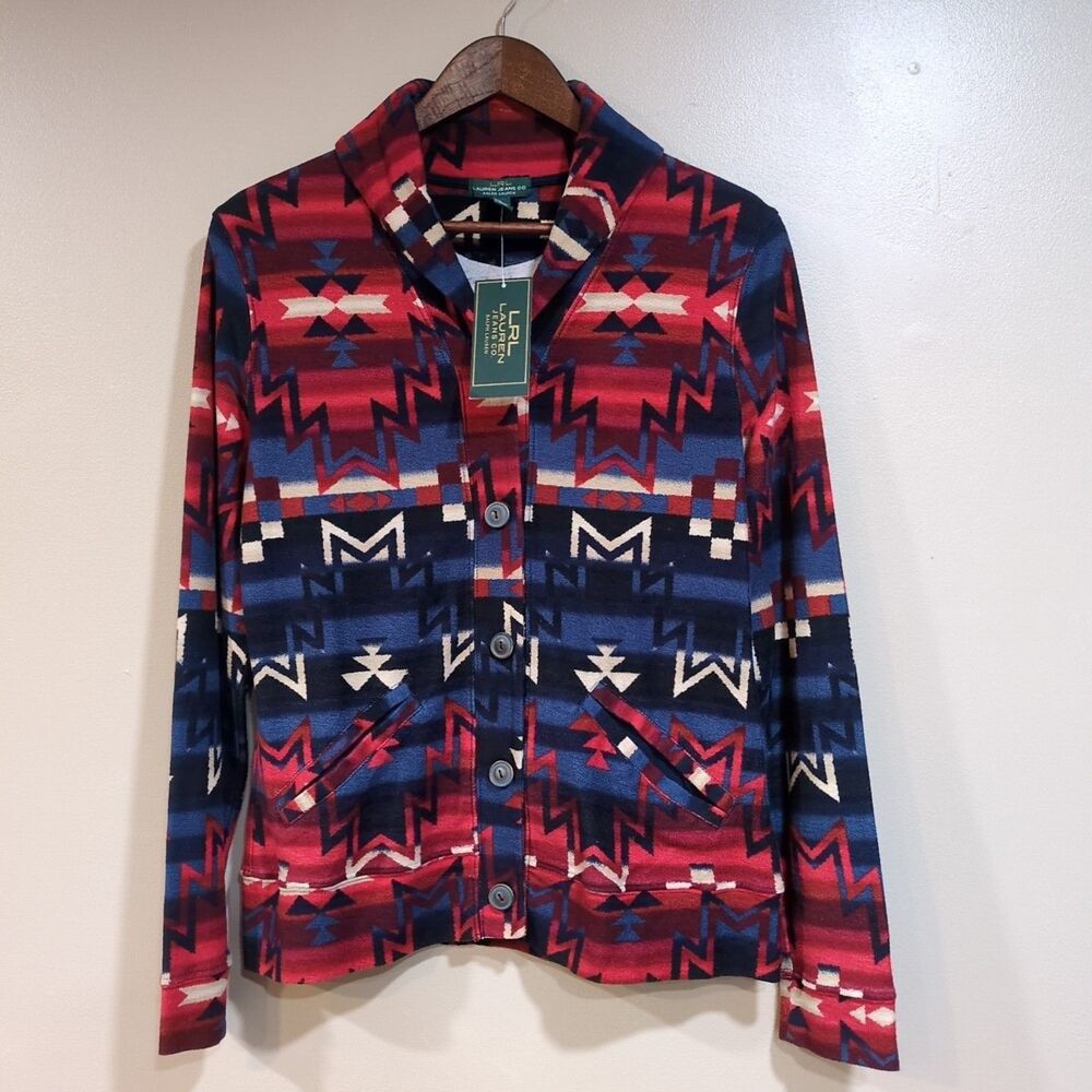 LRL Ralph Lauren Sweater Aztec Southwestern Jacket Button Pocket Cotton Womens M
